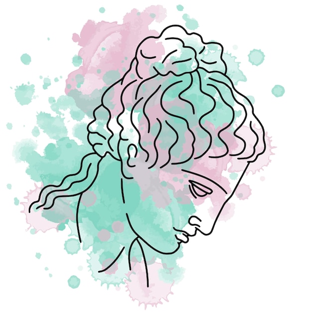 Ilustracja Wektorowa Klasycznej Greckiej Rzeźby Dziewczyny Głowy Grafiki Liniowej Z Tłem Akwareli