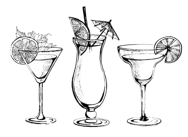 Ilustracja wektorowa klasycznych koktajli alkoholowych Cold Summer Beverage w szkle Ręcznie rysowane szkic