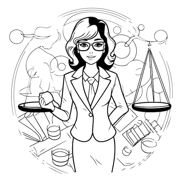 Plik wektorowy ilustracja wektorowa kobiety w garniturze biznesowym i okularach dziewczyna patrzy na wagę sprawiedliwości