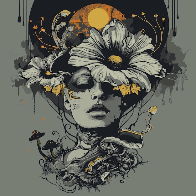 Ilustracja wektorowa kobiety z czaszką i elementami kwiatowymi na ciemnym tle