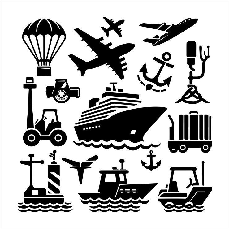 Wektor ilustracja wektorowa kolekcji minimalnych sylwetek transportowych na białym tle