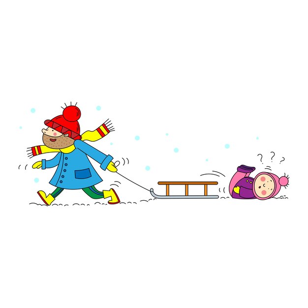 Ilustracja Wektorowa Kolor Tata Jeździ Dziecko Na Sankach W Zimie