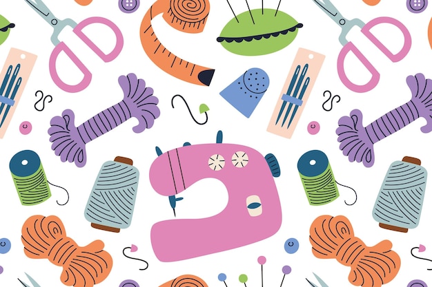 Ilustracja wektorowa kolorowego i wesołego wzoru szycia zestaw cewek igieł nożyczki i