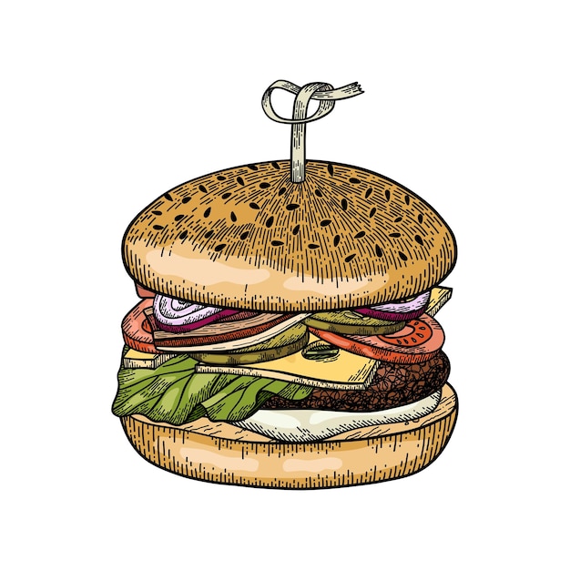 Ilustracja wektorowa kolorowy Burger w stylu vintage naszkicowanych.