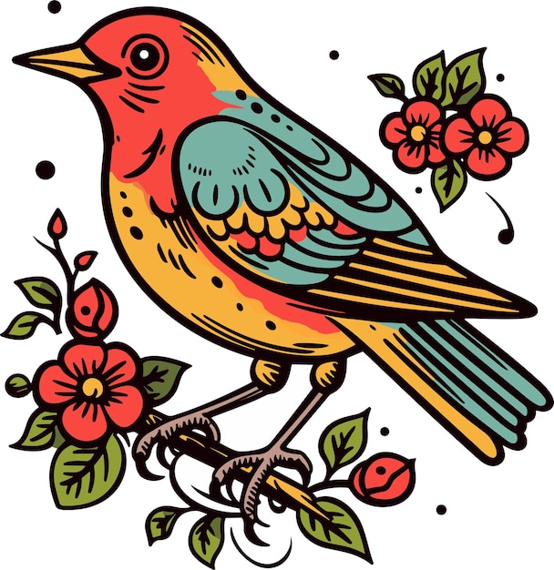 Plik wektorowy ilustracja wektorowa kolorowy ptak kreskówka w stylu tatuażu oldschool