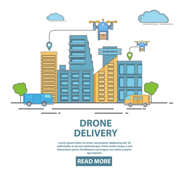 Ilustracja wektorowa koncepcja drone dostawy miasta. Quadkoptery transportujące paczki, żywność lub inne towary. Płaski liniowy styl projektowania plakatu, ulotka dla firmy dostarczającej drony.