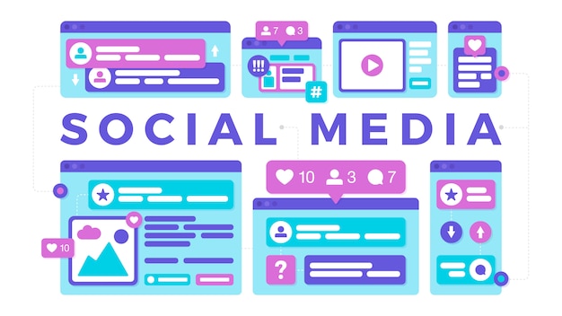 Ilustracja Wektorowa Koncepcji Komunikacji Społecznej Mediów. Słowo Social Media Z Kolorowymi Wieloplatformowymi Oknami Przeglądarki