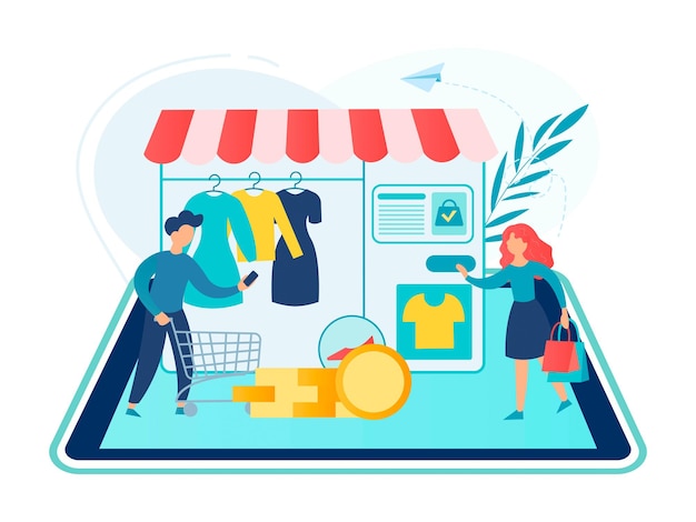 Ilustracja Wektorowa Koncepcji Zakupów Online Mężczyzna I Kobieta Składają Zamówienia W Sklepie Internetowym