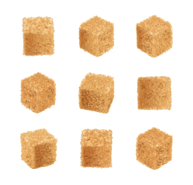 Ilustracja wektorowa kostki surowego cukru brązowego. Nierafinowana kolekcja kostek cukru trzcinowego, realistyczna trzcina cukrowa, słodzik na białym tle