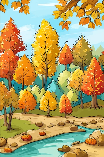 Plik wektorowy ilustracja wektorowa krajobrazu sezonowego rzeki w lesie jesieniowym z górami w tle