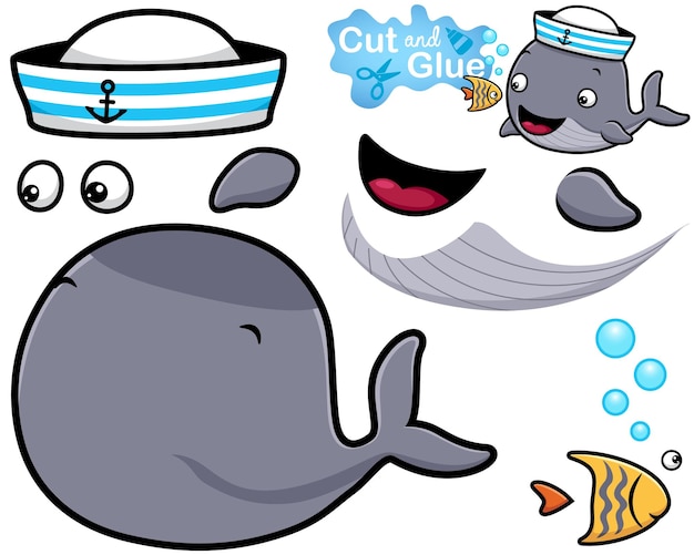 Ilustracja Wektorowa Kreskówki Wieloryba W Kapeluszu Marynarza Z Małą Rybką Wyłącznik I Klejenie