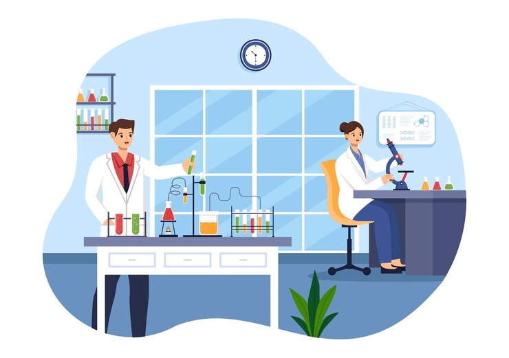 Wektor ilustracja wektorowa laboratorium prowadzącego badania naukowe, eksperymenty i pomiary na płaskim tle w stylu kreskówki