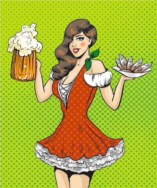 Plik wektorowy ilustracja wektorowa ładnej kelnerki z piwem i rybami koncepcja festiwalu piwa oktoberfest w stylu komiksowym retro pop art