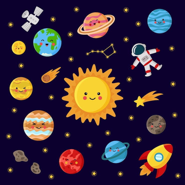 Wektor ilustracja wektorowa ładny kawaii słońce i planety układu słonecznego.