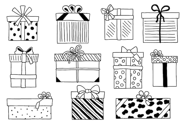 Plik wektorowy ilustracja wektorowa ładnych pudełek prezentowych na białym ręcznie rysowane pudełka z różnymi teksturami
