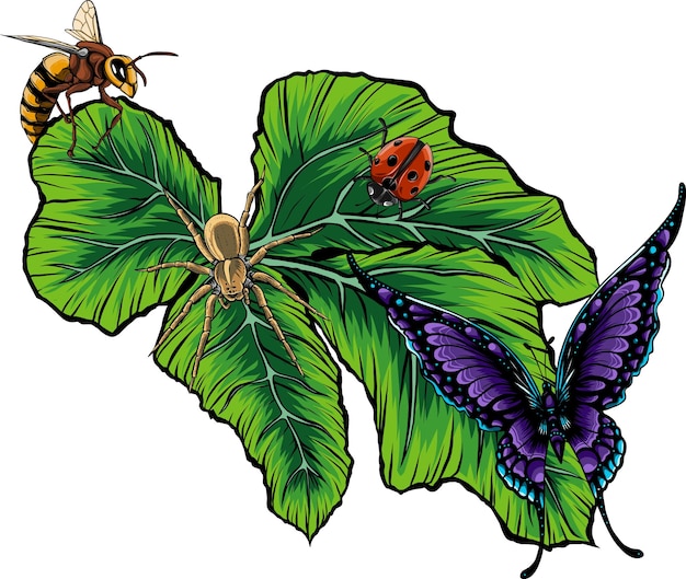 Plik wektorowy ilustracja wektorowa liści z owadami