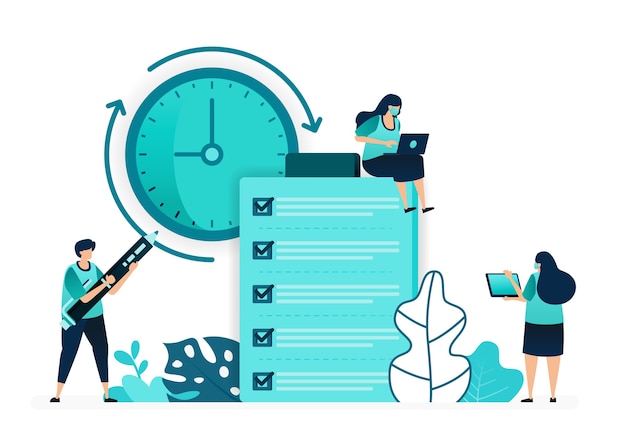 Ilustracja wektorowa listy kontrolnej dla recenzji i opinii na temat jakości i terminowości opinii klientów. pracownicy kobiet i mężczyzn. zaprojektowany dla strony internetowej, strony internetowej, strony docelowej, aplikacji, interfejsu użytkownika, plakatu, ulotki