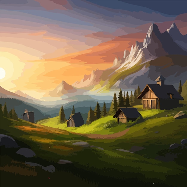 Plik wektorowy ilustracja wektorowa mała chata w lesie na tle góry chata leśna drewniany dom z