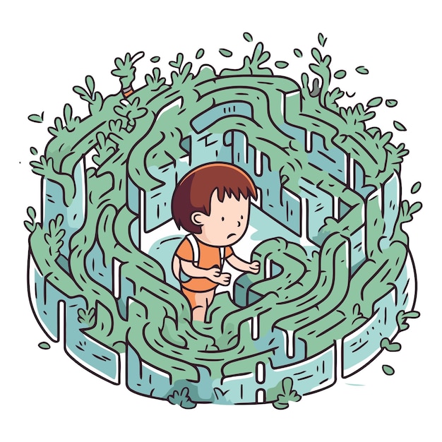 Plik wektorowy ilustracja wektorowa małego chłopca bawiącego się w labiryncie gra edukacyjna dla dzieci