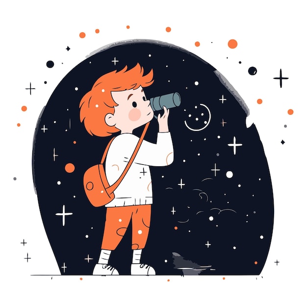 Plik wektorowy ilustracja wektorowa małego chłopca z lornetką na gwiezdnym niebie