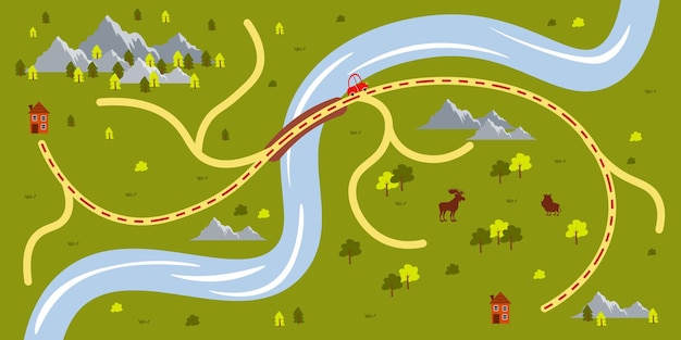Plik wektorowy ilustracja wektorowa mapy kempingu w stylu kreskówki droga samochodem między domami przez las z dzikimi zwierzętami pola góry i rzeki naturalny krajobraz z florą i fauną