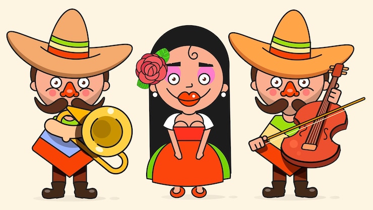 Wektor ilustracja wektorowa meksykańskich muzyków z dwoma mężczyznami i kobietą z gitarami w rodzimych ubraniach i ilustracji wektorowych płaski sombrero