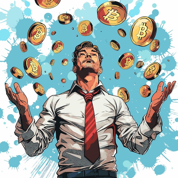Plik wektorowy ilustracja wektorowa mężczyzny w białej koszuli i czerwonym krawacie trzymającego mnóstwo złotych bitcoinów