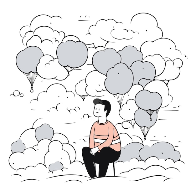 Plik wektorowy ilustracja wektorowa młodego mężczyzny siedzącego na chmurach i myślącego