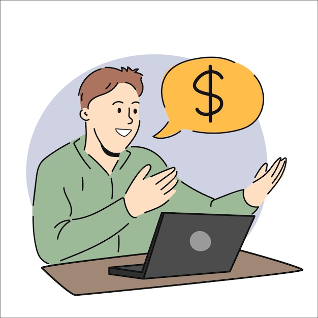 Plik wektorowy ilustracja wektorowa młodego mężczyzny siedzącego przy laptopie rozmawiającego za pośrednictwem łącza wideo o finansach