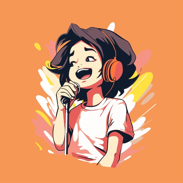 Plik wektorowy ilustracja wektorowa młodej dziewczyny śpiewającej do mikrofonu na pomarańczowym tle
