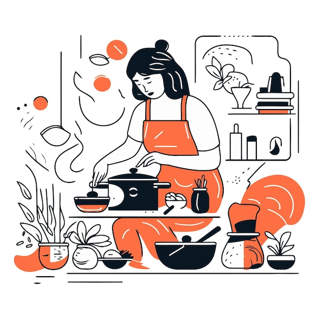 Plik wektorowy ilustracja wektorowa młodej kobiety gotującej w kuchni w stylu płaskim