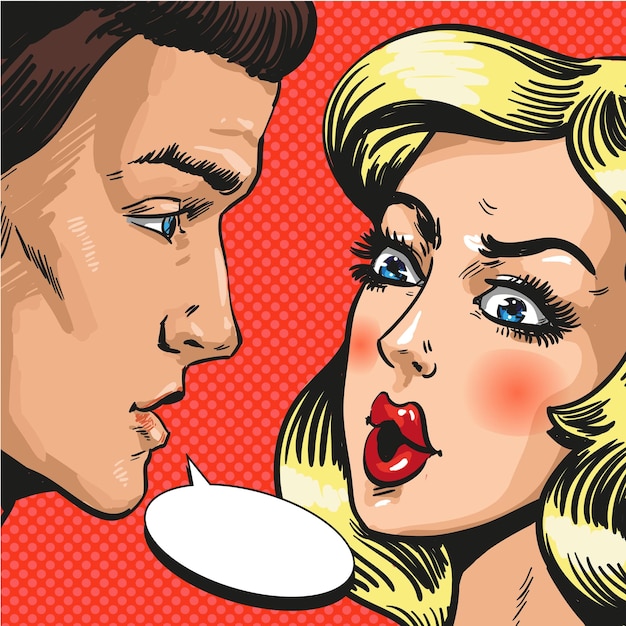 Ilustracja wektorowa młodej pary mężów i żon kochanków rozmawiających ze sobą Poważna rozmowa lub konflikt miłosny koncepcja mowy bańka w stylu komiksowym retro pop art