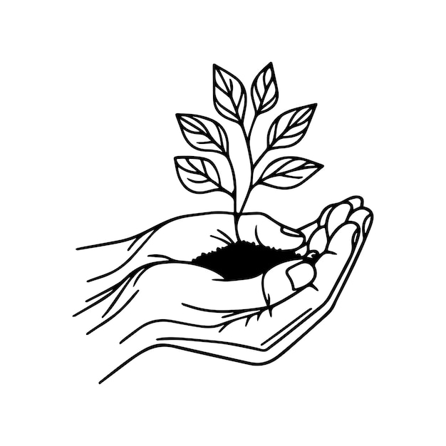 Plik wektorowy ilustracja wektorowa młodej rośliny z ziemią w rękach ludzka ręka trzymająca roślinę z liśćmi