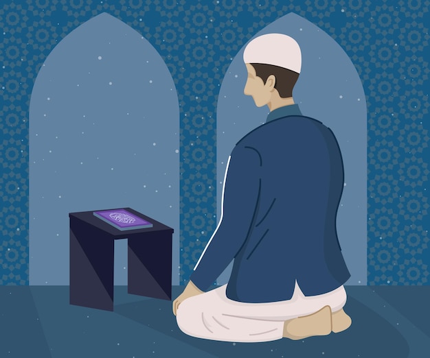 Plik wektorowy ilustracja wektorowa muzułmańskiego czytania al koranu w noc ramadanu