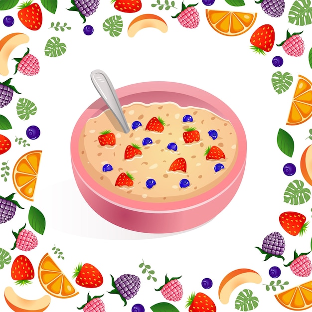 Plik wektorowy ilustracja wektorowa na białym tle płatki owsiane z jagodami i truskawkami
