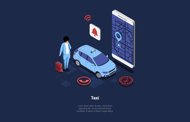 Ilustracja wektorowa na koncepcja usługi taksówką izometryczny 3d skład w stylu kreskówki osoba z bagażem stojący w pobliżu inteligentny telefon samochodowy z mapy i znak lokalizacji połączeń Infografika elementów