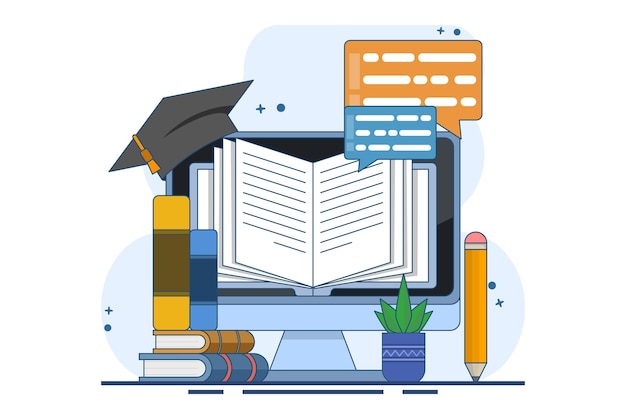 ilustracja wektorowa na temat koncepcji e-learningu lub edukacji internetowej lub biblioteki cyfrowej