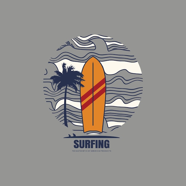 Ilustracja wektorowa na temat surfowania i surfowania w Kalifornii. Typografia sportowa,