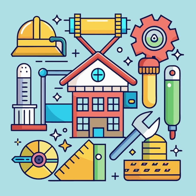 Ilustracja wektorowa narzędzi budowlanych i inżynieryjnych Zestaw ikon dla architektury, projektowania przemysłowego i projektów DIY
