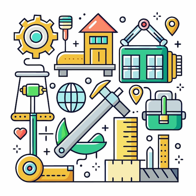 Ilustracja wektorowa narzędzi budowlanych i inżynieryjnych Zestaw ikon dla architektury, projektowania przemysłowego i projektów DIY