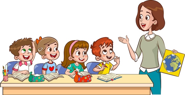 ilustracja wektorowa nauczyciela i uczniów na wspólnej lekcji