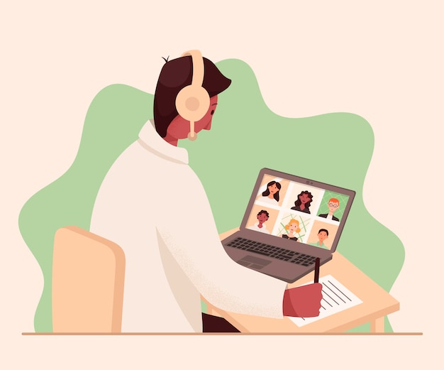 Ilustracja wektorowa nauczyciela prowadzącego spotkanie online lub lekcję w Internecie