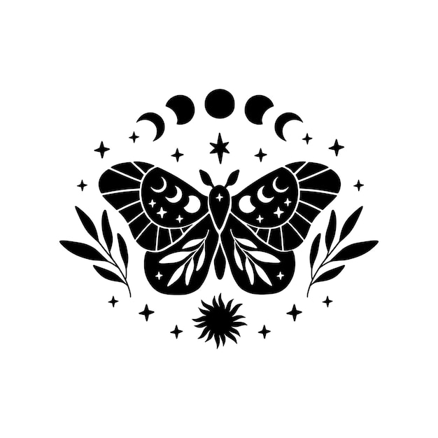 Ilustracja Wektorowa Niebieski Motyl Mistyczny Księżyc ćma Z Fazami Księżyca Boho Magiczny Owad Na Białym Tle Szablon Dla Nowoczesnego Plakatu Karty T Shirt Druku Modny Tatuaż