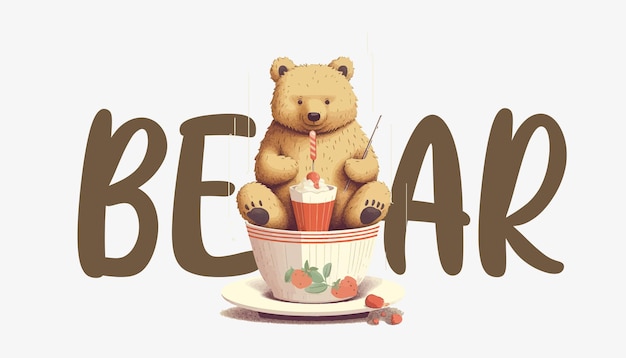Ilustracja wektorowa niedźwiedzia w filiżance ze słodkim mlekiem truskawkowym Ilustracja wektora