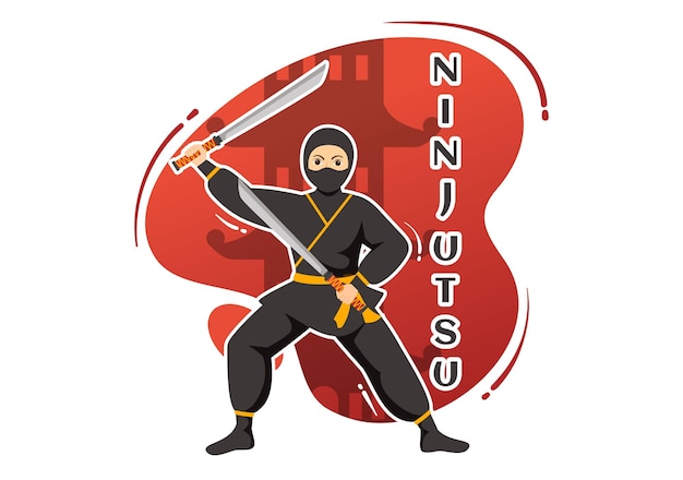 Ilustracja Wektorowa Ninjutsu Z Charakterem Ninja Shinobi Z Japonii W Płaskich Szablonach Stylu Kreskówki