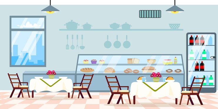Ilustracja wektorowa nowoczesnego wnętrza kawiarni piekarni Wnętrze kreskówki z ladami z bułkami, babeczkami, pączkami, kanapkami i innymi potrawami, lodówką ze stołami wodnymi i krzesłami