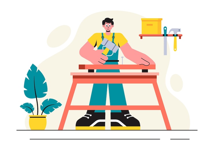 Wektor ilustracja wektorowa obróbki drewna przedstawiająca współczesnych rzemieślników i robotników produkujących meble przy użyciu narzędzi na płaskim tle w stylu kreskówek