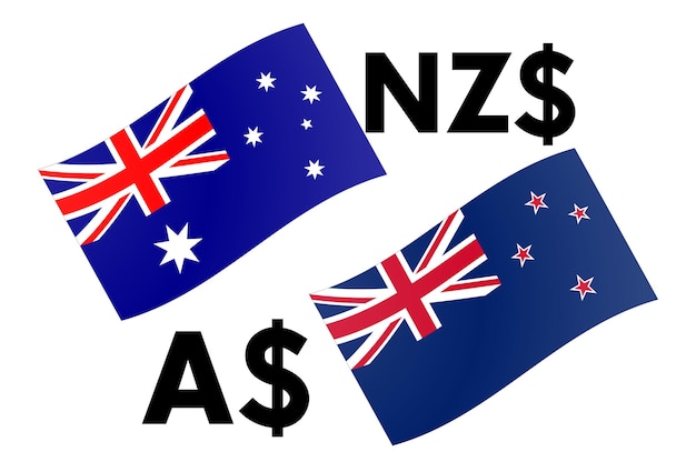 Ilustracja wektorowa pary walut forex AUDNZD. Flaga Australii i Nowej Zelandii, z symbolem dolara.