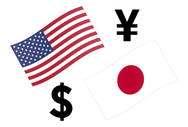 Ilustracja wektorowa pary walut forex USDJPY. Amerykańska i japońska flaga, z symbolem dolara i jena.