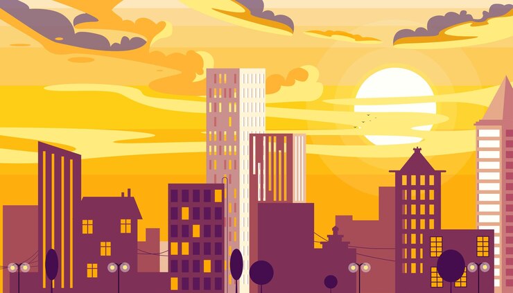 Ilustracja wektorowa pięknego krajobrazu miejskiego z zachodem lub wschodem słońca Sceny kreskówkowe nowoczesnych wysokich budynków drapaczy chmur z odbiciem światła słonecznego w oknach chmury słoneczne po ulicach